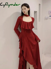Cyflymder Spring Red Vintage Elegant Dress Women Flare Sleeve Designer Sweet Long Female Ruffles