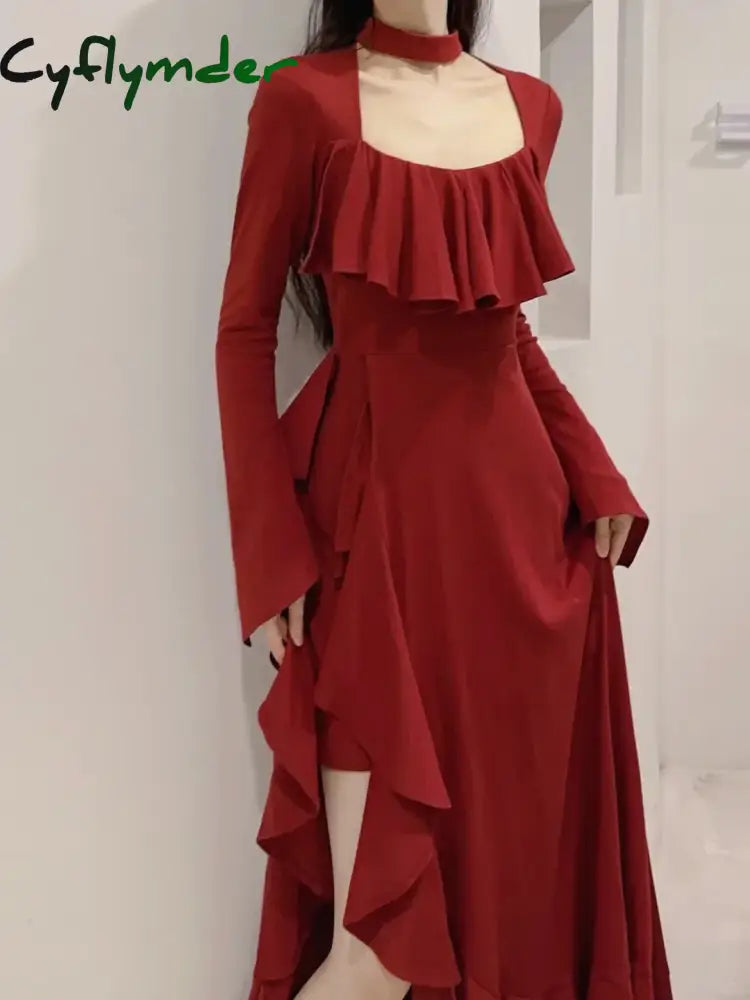 Spring Red Vintage Elegant Dress Women Flare Sleeve Designer Sweet Long Dress Female Ruffles Retro Princess Irregular Dress 2024