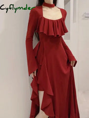 Spring Red Vintage Elegant Dress Women Flare Sleeve Designer Sweet Long Dress Female Ruffles Retro Princess Irregular Dress 2024