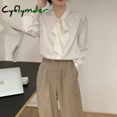 Cyflymder Spring Solid Shirts Women Elegant Long Sleeve Bow Simple Chiffon Blouses Office Lady