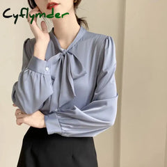 Cyflymder Spring Solid Shirts Women Elegant Long Sleeve Bow Simple Chiffon Blouses Office Lady