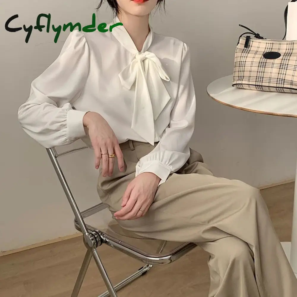 Spring Solid Shirts Women Elegant Long Sleeve Bow Simple Chiffon Blouses Office Lady Korean Fashion Casual All Match Tops