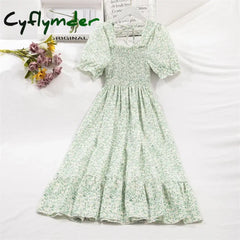 Cyflymder Spring Summer Short Sleeve Chiffon Dresses Fashion Female Elastic Waist Pleated Casual