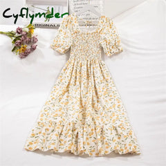 Cyflymder Spring Summer Short Sleeve Chiffon Dresses Fashion Female Elastic Waist Pleated Casual