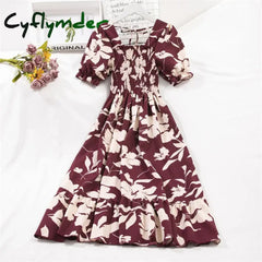 Cyflymder Spring Summer Short Sleeve Chiffon Dresses Fashion Female Elastic Waist Pleated Casual