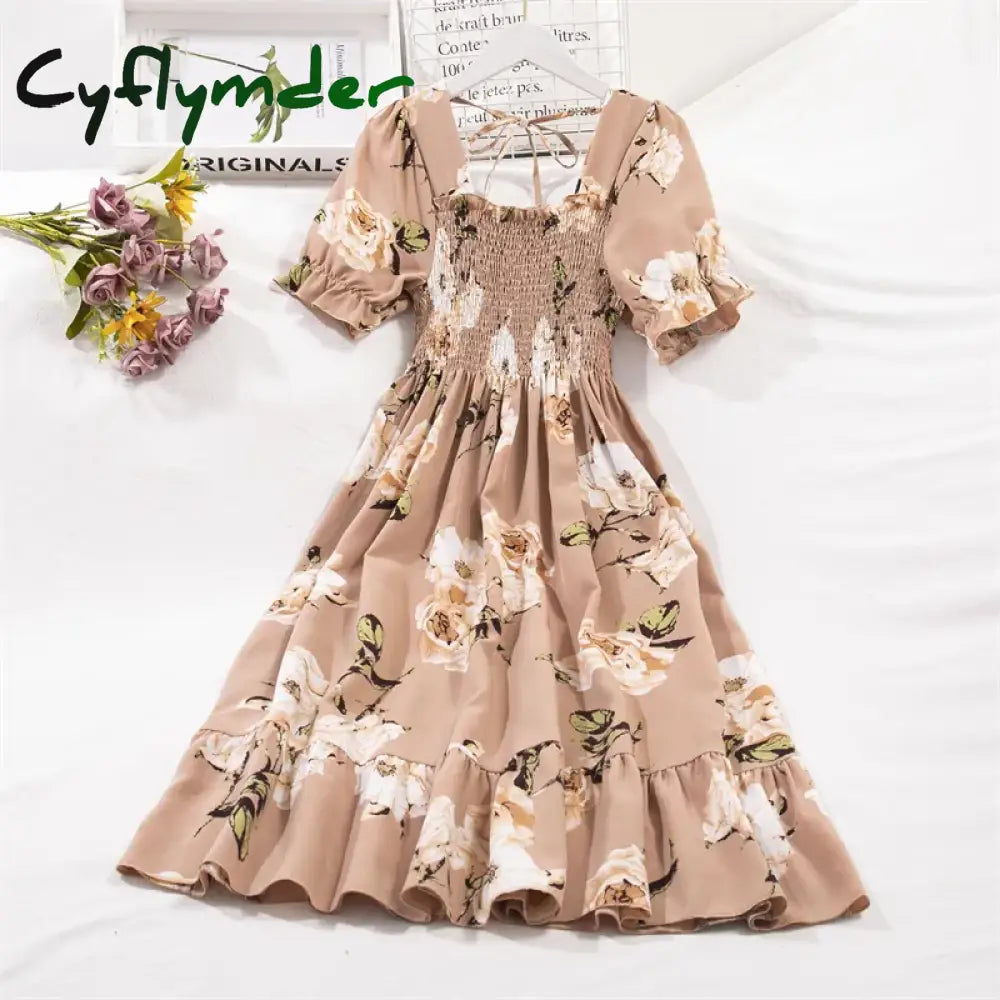 Cyflymder Spring Summer Short Sleeve Chiffon Dresses Fashion Female Elastic Waist Pleated Casual