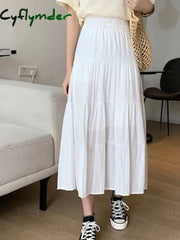 Spring Summer Women Chiffon Skirts Vintage High Waist Elastic Patchwork White Black Chic Long Cake A-line Skirt for Student