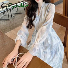 Cyflymder Spring Summer Women French Style Ruffle Lace Up Sweet Elegant Party Dresses Trendy V Neck