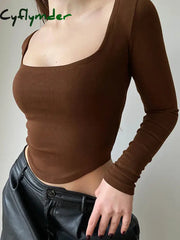 Cyflymder Square Collar Long Sleeve Casual Women T Shirts Green Autumn Skinny Sexy Solid Basic Crop Tops Fashion