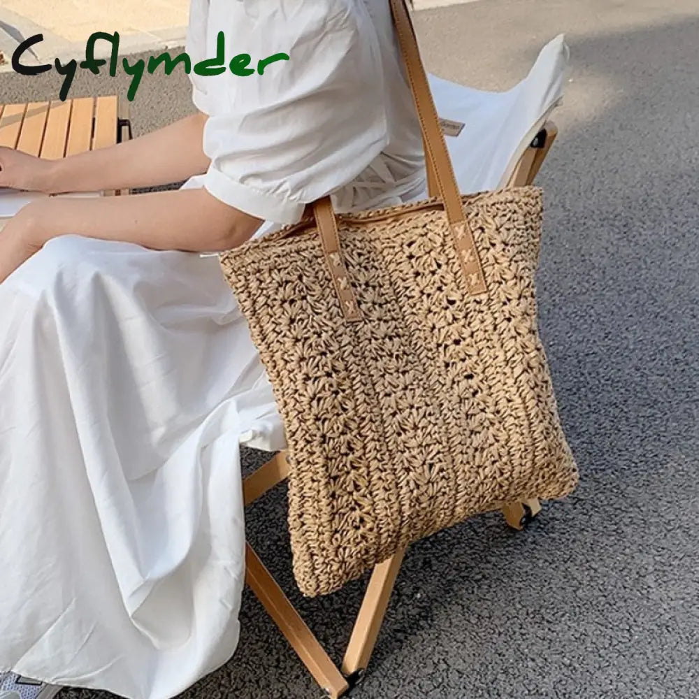 Cyflymder Square Hollow Straw Beach Bag Handmade Woven Shoulder Raffia Rattan Shopping Travel