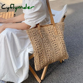 Cyflymder Square Hollow Straw Beach Bag Handmade Woven Shoulder Raffia Rattan Shopping Travel