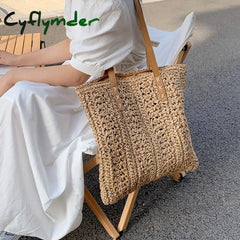 Cyflymder Square Hollow Straw Beach Bag Handmade Woven Shoulder Raffia Rattan Shopping Travel