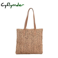 Cyflymder Square Hollow Straw Beach Bag Handmade Woven Shoulder Raffia Rattan Shopping Travel