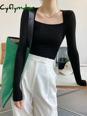 Cyflymder - Square Neck Solid Long Sleeve Shirt T-Shirts