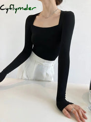 Cyflymder - Square Neck Solid Long Sleeve Shirt T-Shirts