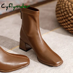 Cyflymder Square Toe Women Ankle Boots Flock Stretch Shoes Thin Mid Heels Black/Brown/Beige Back Zipper Dress Sock