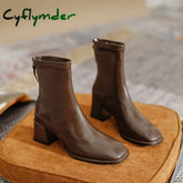 Cyflymder Square Toe Women Ankle Boots Flock Stretch Shoes Thin Mid Heels Black/Brown/Beige Back Zipper Dress Sock