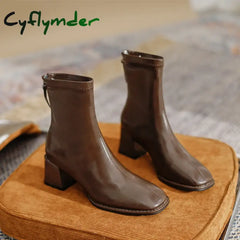 Cyflymder Square Toe Women Ankle Boots Flock Stretch Shoes Thin Mid Heels Black/Brown/Beige Back Zipper Dress Sock