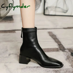 Cyflymder Square Toe Women Ankle Boots Flock Stretch Shoes Thin Mid Heels Black/Brown/Beige Back Zipper Dress Sock