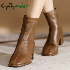 Cyflymder Square Toe Women Ankle Boots Flock Stretch Shoes Thin Mid Heels Black/Brown/Beige Back Zipper Dress Sock