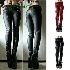 Cyflymder Steampunk Women Faux Leather Cosplay Pants Carnival Party Skinny Button Trousers Workout Leggings High Waist