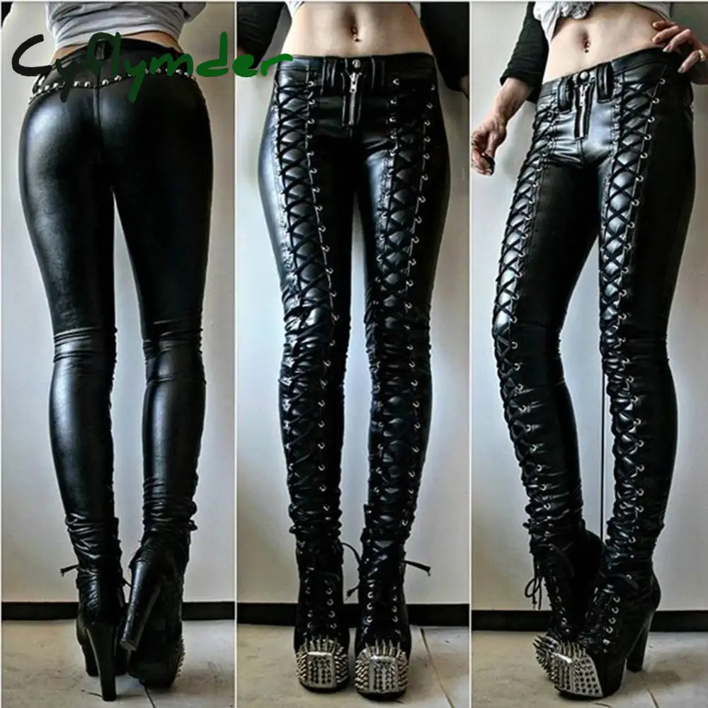 Cyflymder Steampunk Women Faux Leather Cosplay Pants Carnival Party Skinny Button Trousers Workout Leggings High Waist