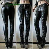 Cyflymder Steampunk Women Faux Leather Cosplay Pants Carnival Party Skinny Button Trousers Workout Leggings High Waist