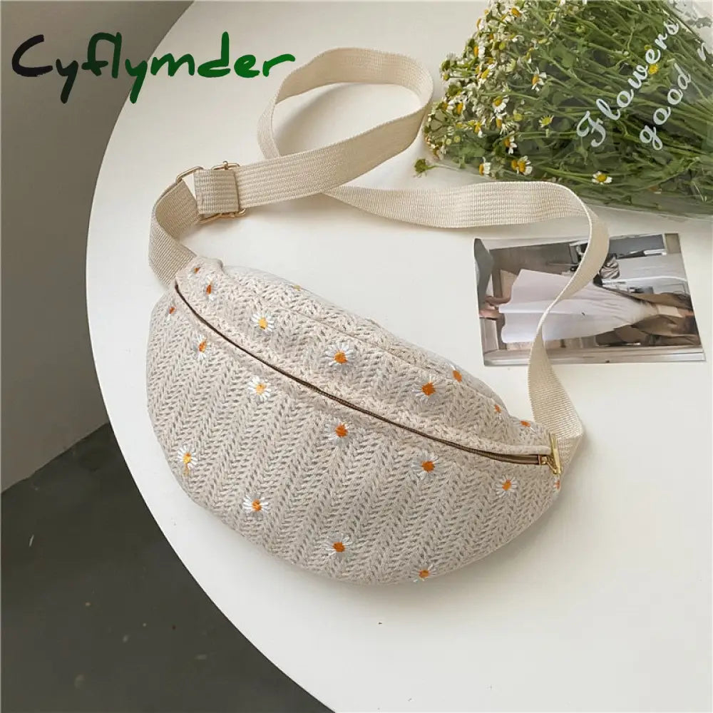 Cyflymder Straw Bag Beach Women Waist Purse Casual Large Daisy Flower Pouch Travel Phone Fanny Pack