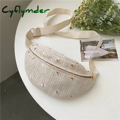 Cyflymder Straw Bag Beach Women Waist Purse Casual Large Daisy Flower Pouch Travel Phone Fanny Pack