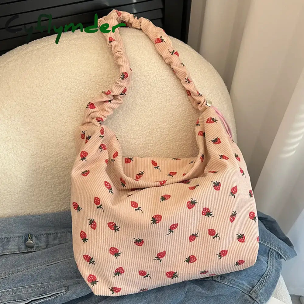 Strawberry Printed Shoulder Bag Pleated Corduroy Cross Body Messenger Bag New Large Capacity Ruched Shopping Bucket Bag Handbags