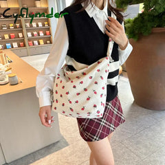 Cyflymder Strawberry Printed Shoulder Bag Pleated Corduroy Cross Body Messenger New Large Capacity