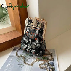 Cyflymder Strawberry Women’s Handbags Purses Bags Hand Phone Bag Cotton Canvas Vintage Chain