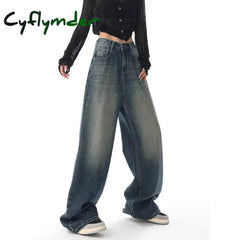 Cyflymder Streetwear Style Blue Straight Jeans Vintage High Waist Full Length Pants Women Korean
