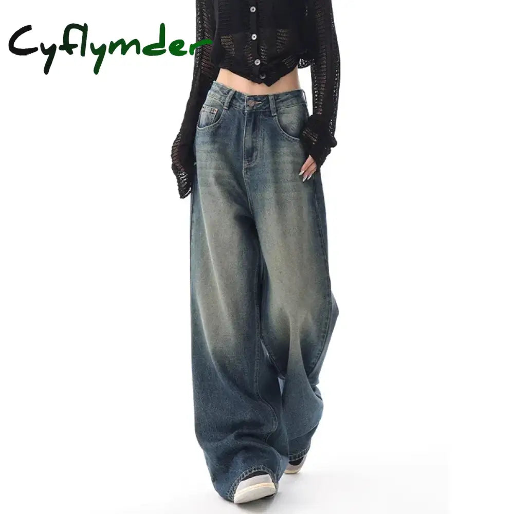 Streetwear Style Blue Straight Jeans Vintage High Waist Full Length Pants Women Korean Style Wide Leg Baggy Y2K Denim Trouser