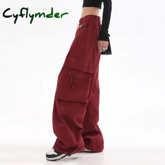 Cyflymder Streetwear Vintage Hip Hop Oversize Red Cargo Pants Women Drawstring Elastic Waist Loose