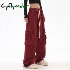 Streetwear Vintage Hip Hop Oversize Red Cargo Pants Women Drawstring Elastic Waist Loose Wide Leg Harajuku Casual Trousers