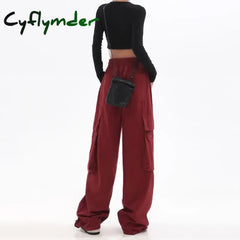 Cyflymder Streetwear Vintage Hip Hop Oversize Red Cargo Pants Women Drawstring Elastic Waist Loose