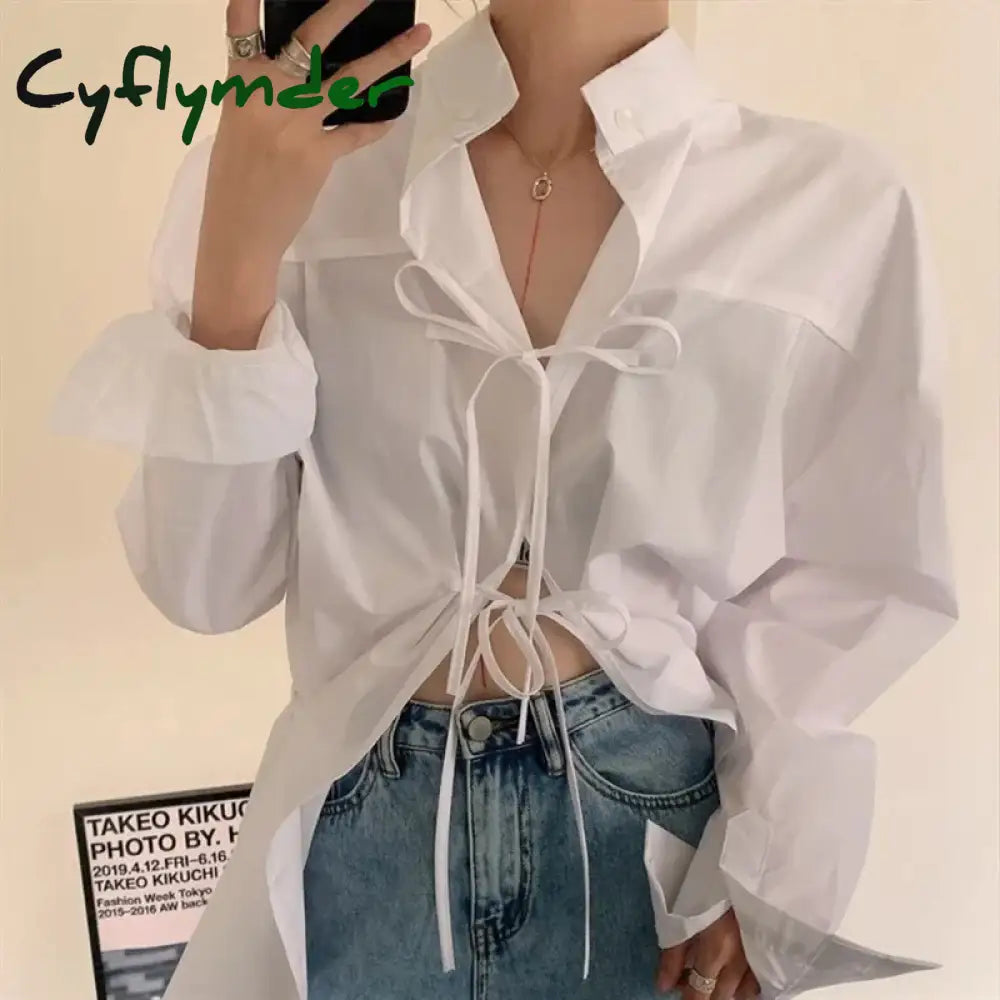 Streetwear White Shirts Women Harajuku Oversized Bandage Blouses Korean Elegant Long Sleeve Lace Up Casual Chic Tops New