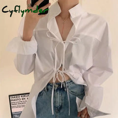 Streetwear White Shirts Women Harajuku Oversized Bandage Blouses Korean Elegant Long Sleeve Lace Up Casual Chic Tops New