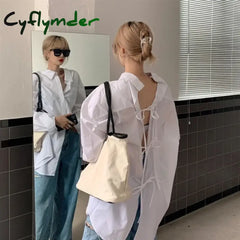 Cyflymder Streetwear White Shirts Women Harajuku Oversized Bandage Blouses Korean Elegant Long