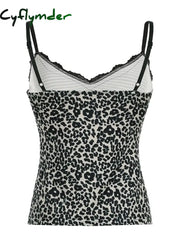 Cyflymder Striped&Leopard Print Slim Sexy Camisole Chic Vintage V-Neck Backless Basic Tops Y2K Lace Patchwork Retro Bow