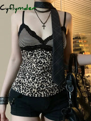 Cyflymder Striped&Leopard Print Slim Sexy Camisole Chic Vintage V-Neck Backless Basic Tops Y2K Lace Patchwork Retro Bow