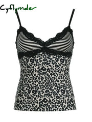 Cyflymder Striped&Leopard Print Slim Sexy Camisole Chic Vintage V-Neck Backless Basic Tops Y2K Lace Patchwork Retro Bow