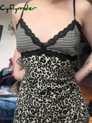 Cyflymder Striped&Leopard Print Slim Sexy Camisole Chic Vintage V-Neck Backless Basic Tops Y2K Lace Patchwork Retro Bow