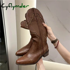 Cyflymder Studded Boots Women Low Heel Cowboy Chelsea Western Short Leather Knee High Luxury Designer Gothic New Rock