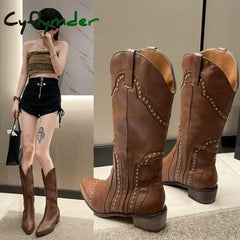 Cyflymder Studded Boots Women Low Heel Cowboy Chelsea Western Short Leather Knee High Luxury Designer Gothic New Rock