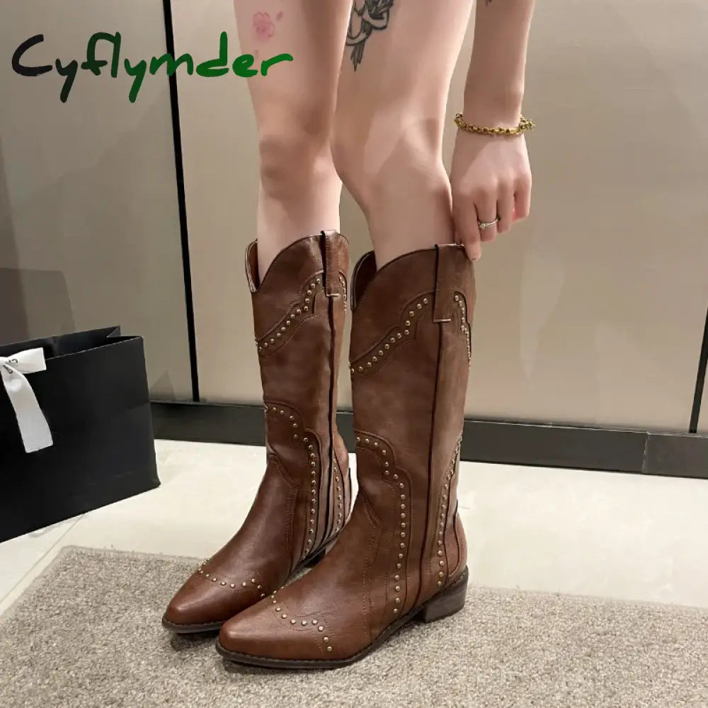 Cyflymder Studded Boots Women Low Heel Cowboy Chelsea Western Short Leather Knee High Luxury Designer Gothic New Rock