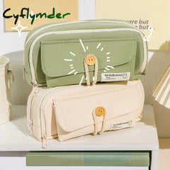 Cyflymder Student Cute Pencil Bag Button Cotton Cord Cloth Stationery School Supplies Large