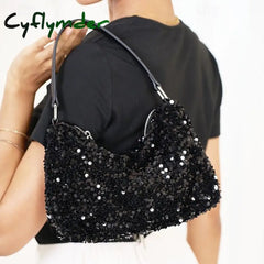 Cyflymder Stylish Black Sequin Hobo Bag For Women - Casual Chic Shoulder Purse With Leather Strap