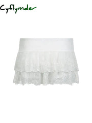 Cyflymder summer inspo Black Solid Low Waist Tiered Lace Shorts Skirts Womens White Fairycore Micro Boho Skirt